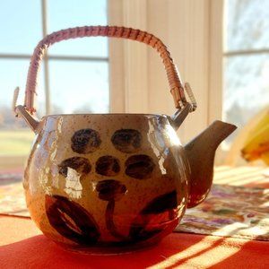 Japanese Inspired, Hand Painted, Floral Tea Kettle, Unmarked, Speckled Stoneware
